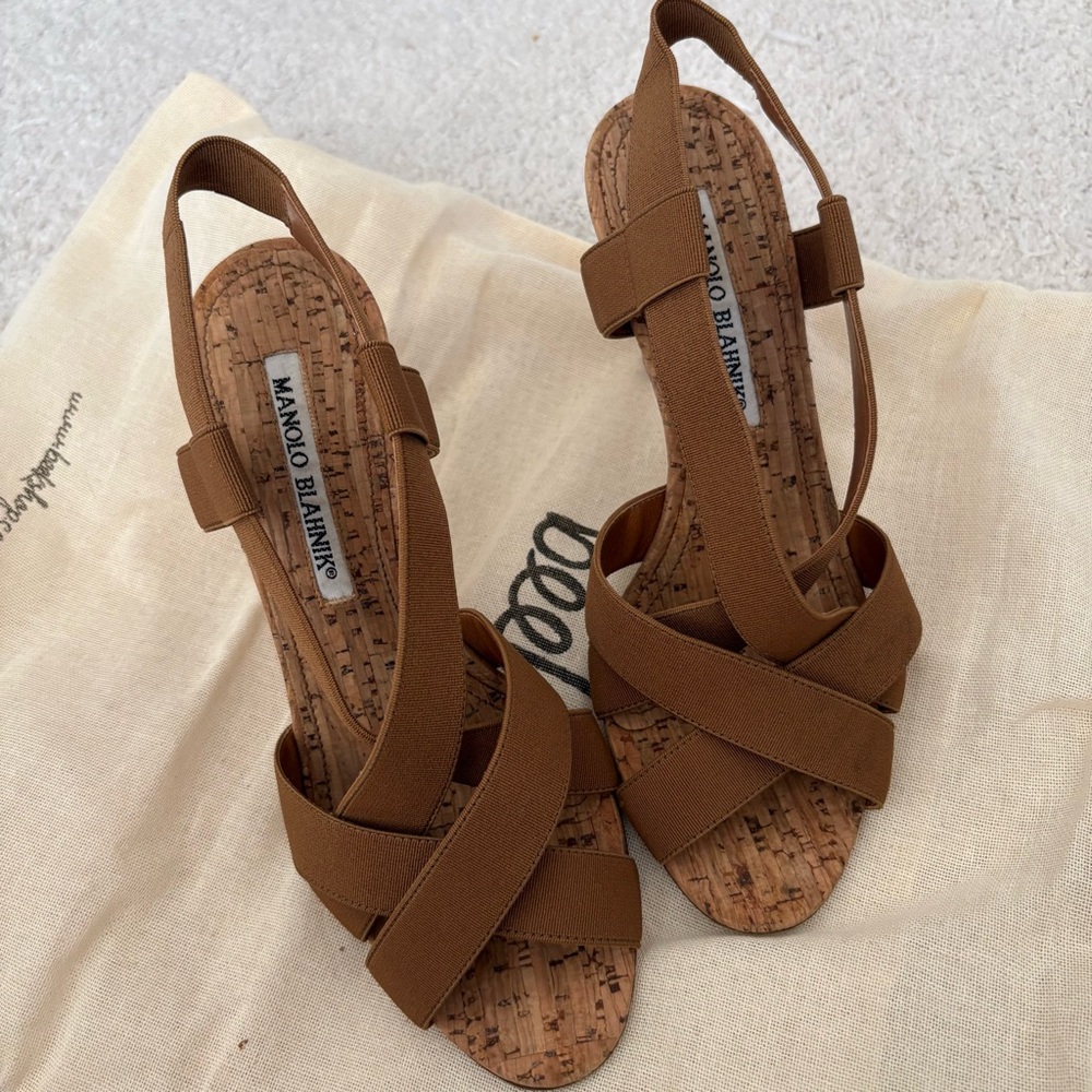 Manolo Blahnik Brown Elastic Strappy Sandals